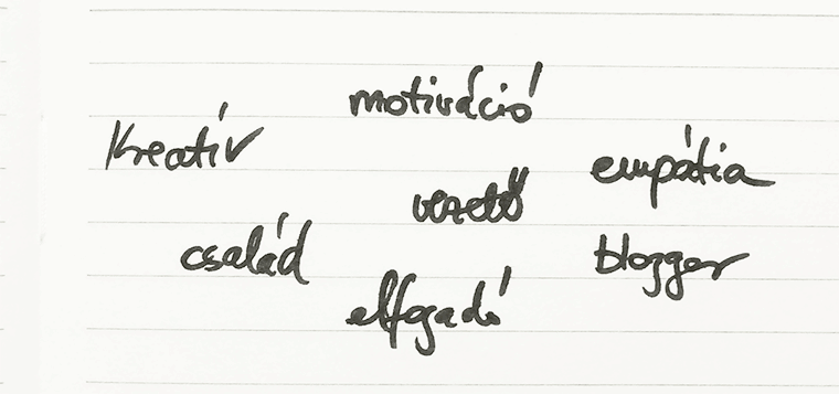 jelzők papírra vetve: kreatív, motiváció, empátia, család, vezető, elfogadó, blogger