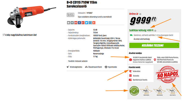 jó termékadatlap képe, ahol fel van tüntetve a szállítási költség, a szállítási idő, átvételi lehetőségek és a fizetési módok