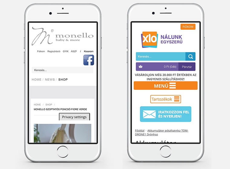 két webshop termékoldalának képe mobilon megnyitva, a tényleges tartalom nem látszódik első screenen