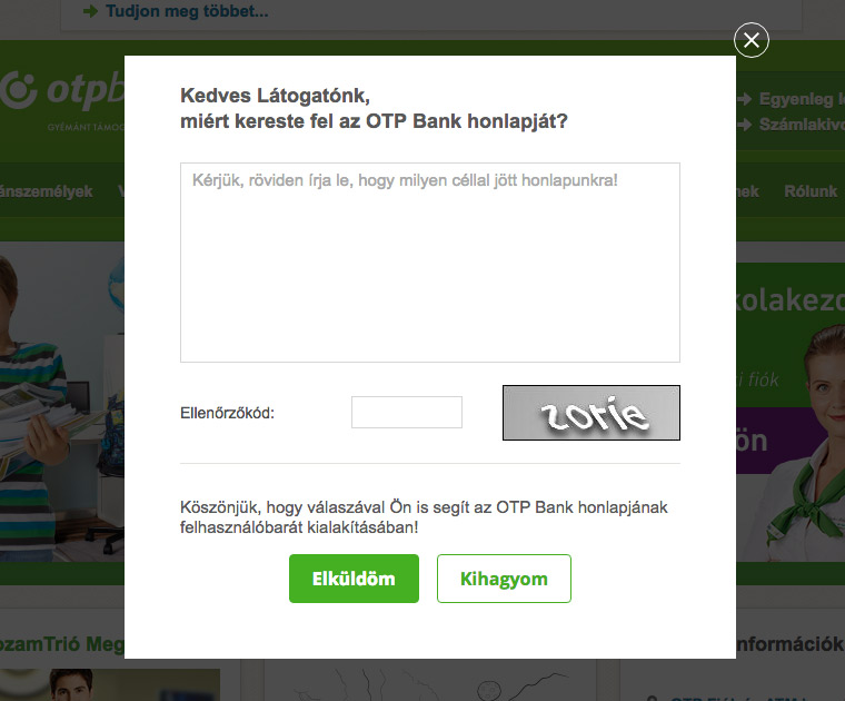 OTP portál nyitó oldalán megjelenő felugró ablak: Kérjük, röviden írja le, hogy milyen céllal jött a honlapunkra lehetőséggel