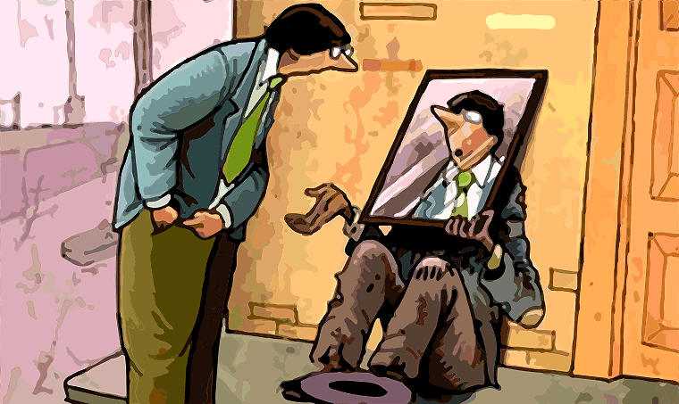 utcai hajléktalan, aki kéreget egy tükröt tart az arca elé, amibe belenéz az utca embere, így magát látja a hajléktalan helyében és máris nyúl a zsebébe pénzlrt