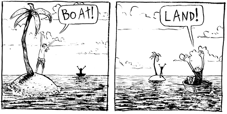 egy kis sziget és egy kis hajó, a szigeten álló ember hajót kiált, a hajón álló ember földet