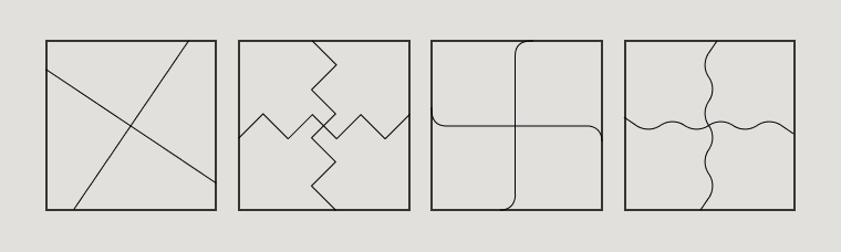 négyzetek hullámos, cikk-cakkos vonalakkal szétvágva